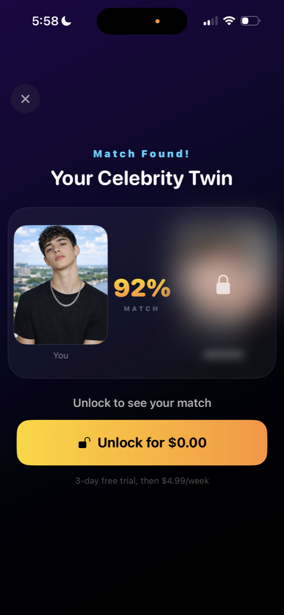 A Celebalike result showing a 92% match with a locked celebrity twin