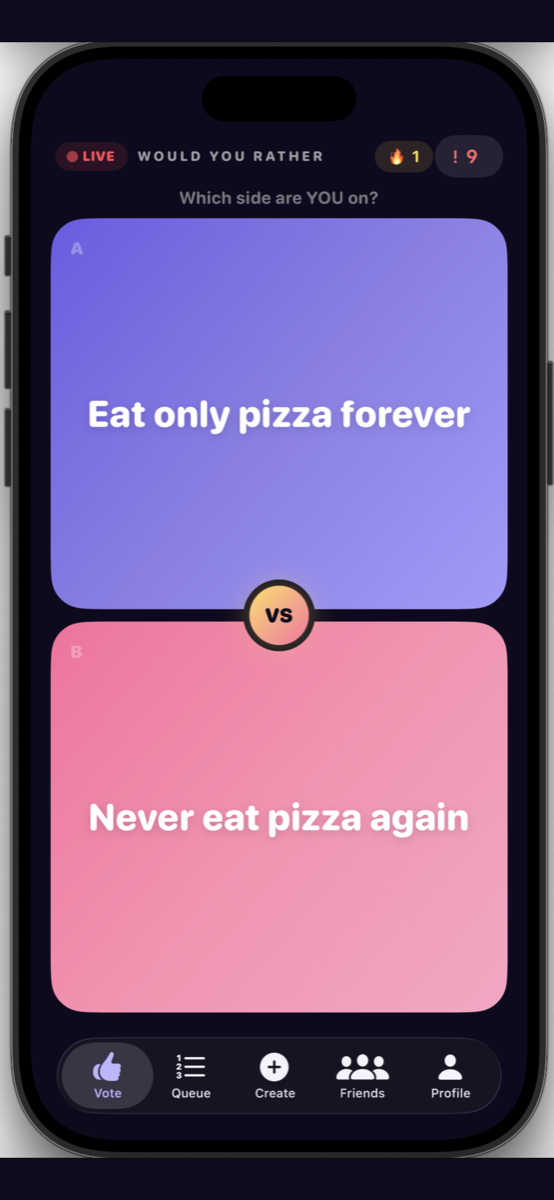 A VoteVerse would-you-rather round: eat only pizza forever, or never eat pizza again